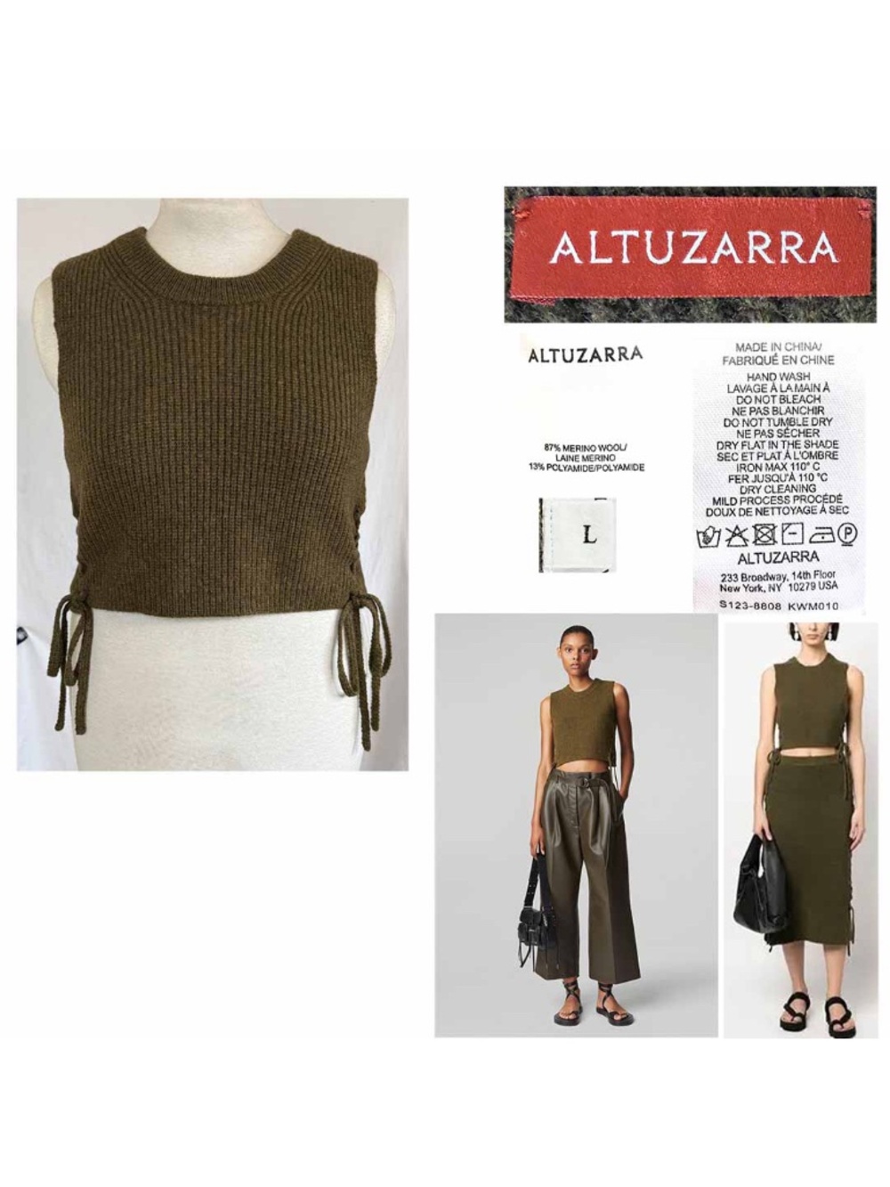 ALTUZZARA Women Large Rib Knit Crew Neck Amani Lace-Up Ribbed Crop Top EUC